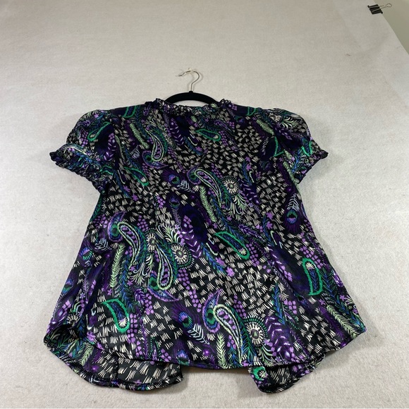 Chime Paisley Button Down Blouse Top Short Sleeve Sharkbite Hem LG Peaco… - Picture 9 of 11